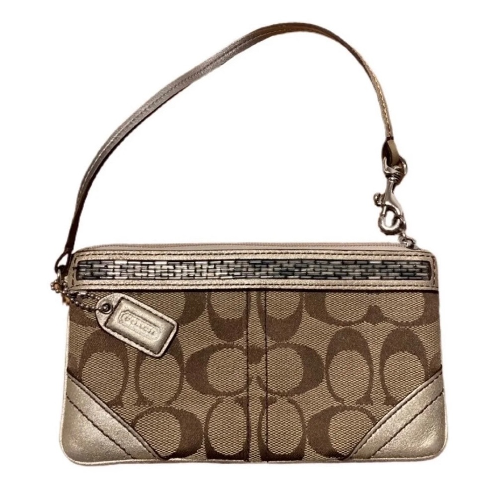 Coach Light Brown Wristlet with Beaded Accent